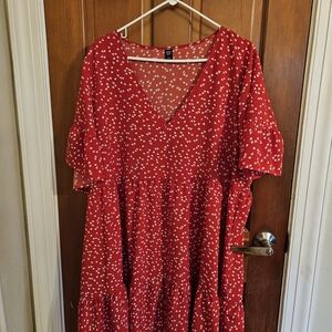 SHEIN Red Dress with White Heart Pattern With Ruffle Sleeves